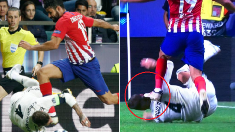 (Video) Former Chelsea Striker Diego Costa Kicks Sergio Ramos Head During Super Cup Clash