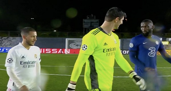 Watch: Chelsea star Antonio Rudiger shares a joke with former Blues Eden Hazard and Thibaut Courtois at full-time