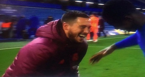 (Video): Eden Hazard caught laughing with Chelsea players after Champions League exit