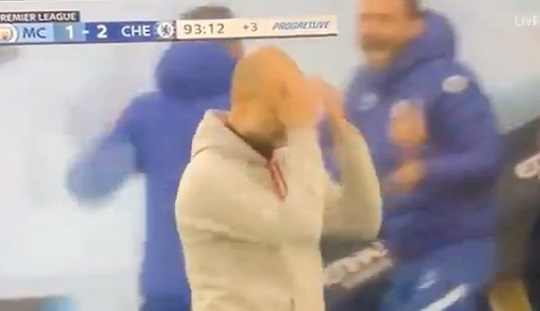 (Video): Watch how Frustrated Pep Guardiola slaps his bald head and collapse after Chelsea late goal