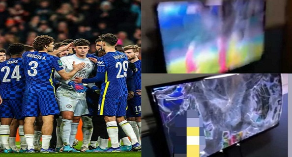 (Watch): Frustrated Chelsea fan smashes his television after Chelsea defeat to Liverpool