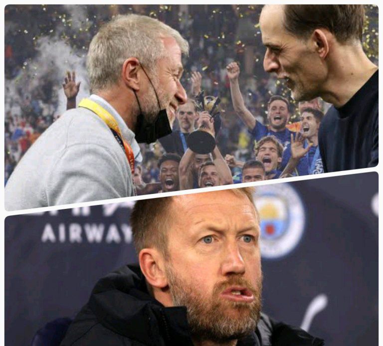 Graham Potter reacts after Chelsea fans call for the return of Abramovich and Tuchel