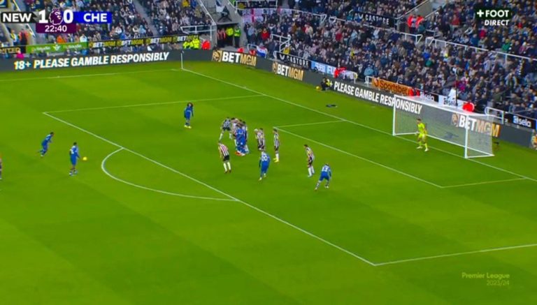 (Watch): Raheem Sterling sends Nick Pope back home with a beautiful Free kick to put Chelsea level